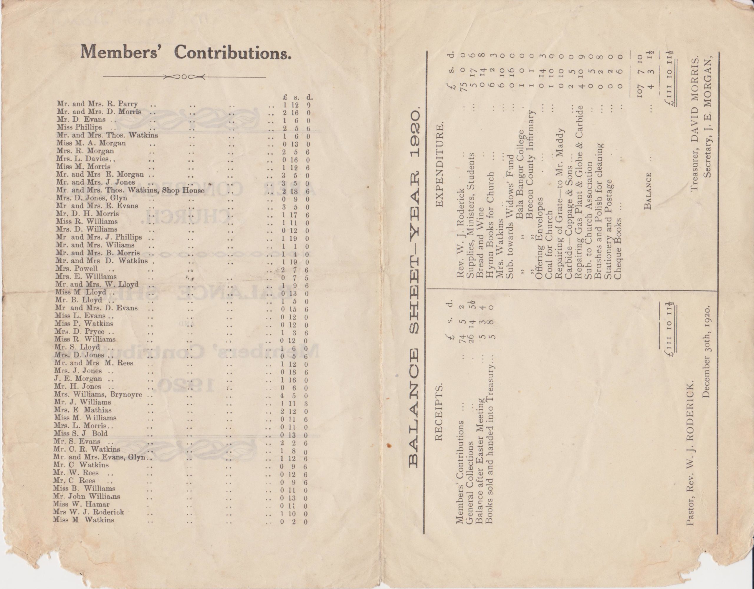 Aber Chapel Accounts 1920