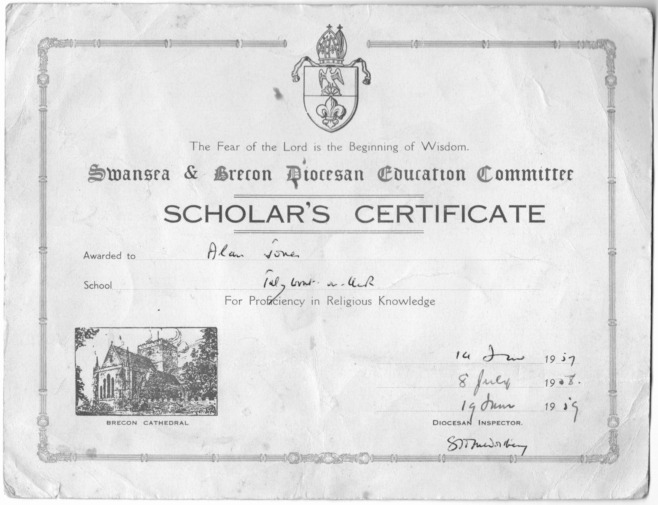 Talybont School Alan Jones' school certificate 1957