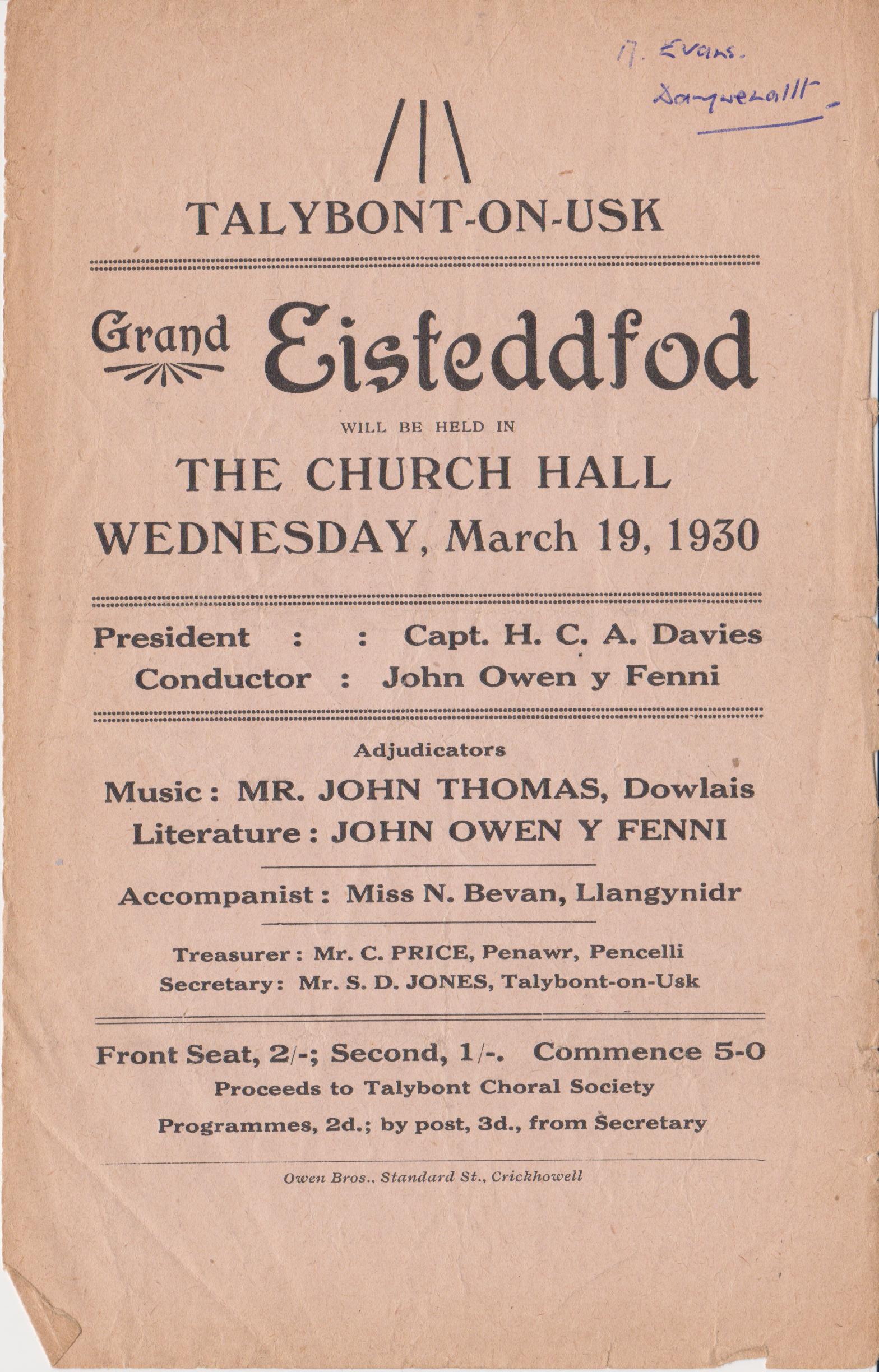 Church Hall Programme March 1930