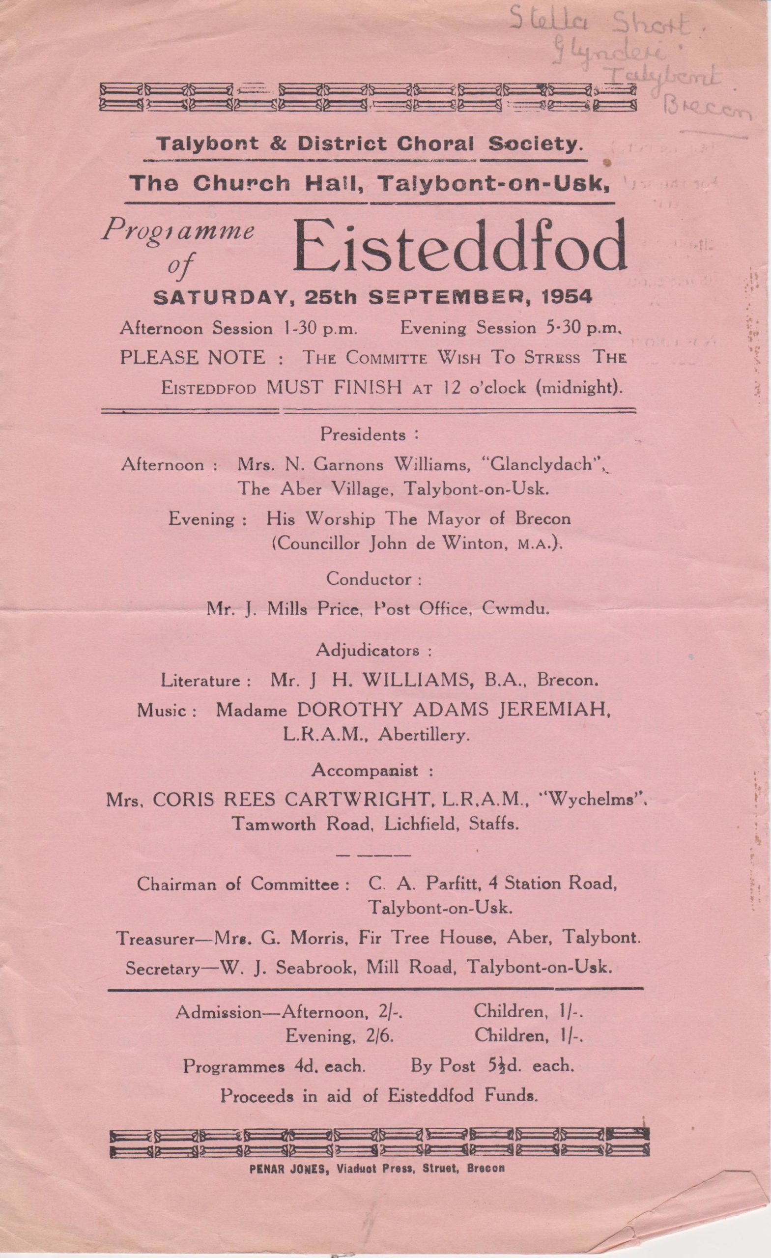 Church Hall Programme September 1954