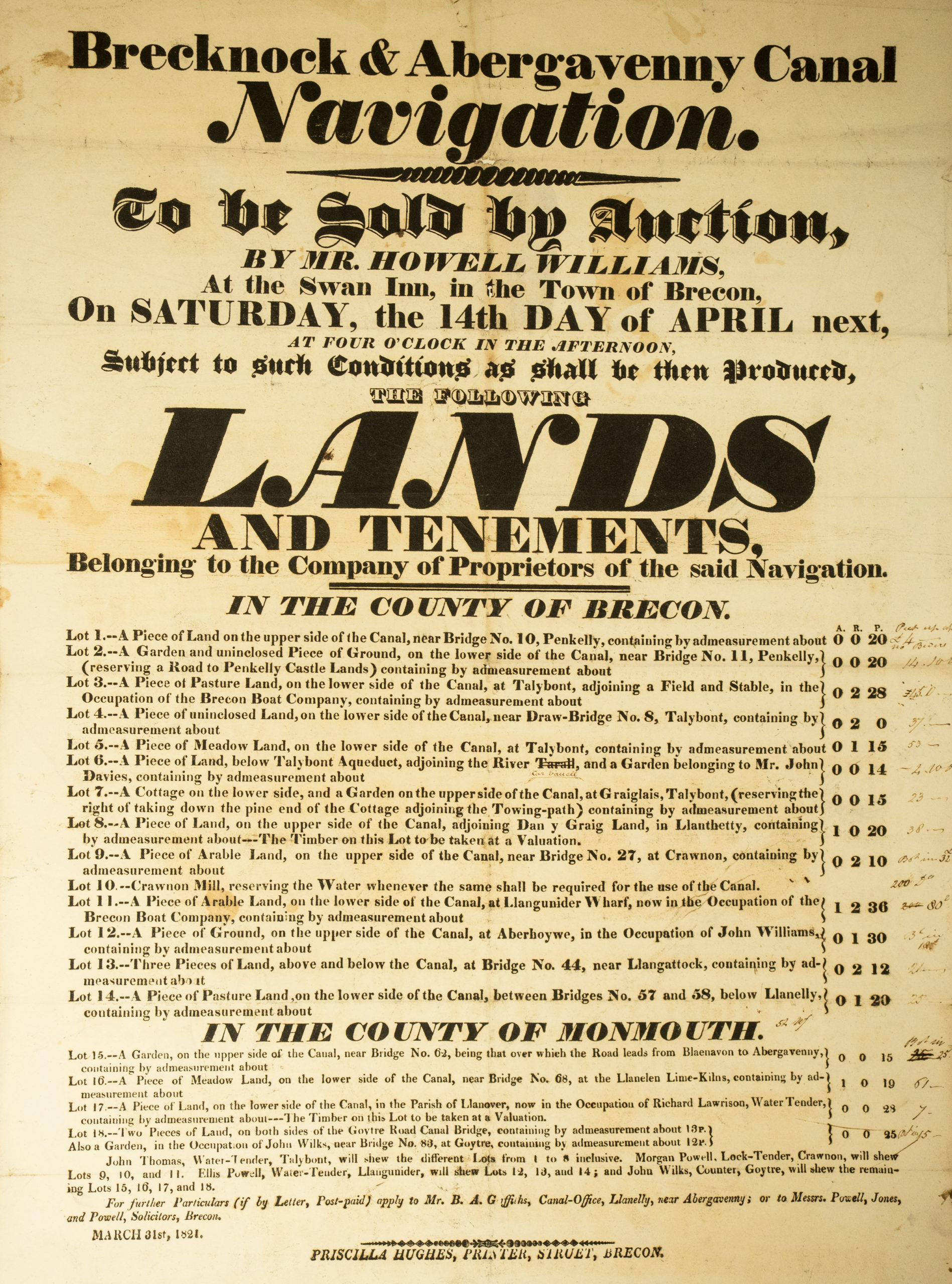 Canal Auction of lands notice 1821