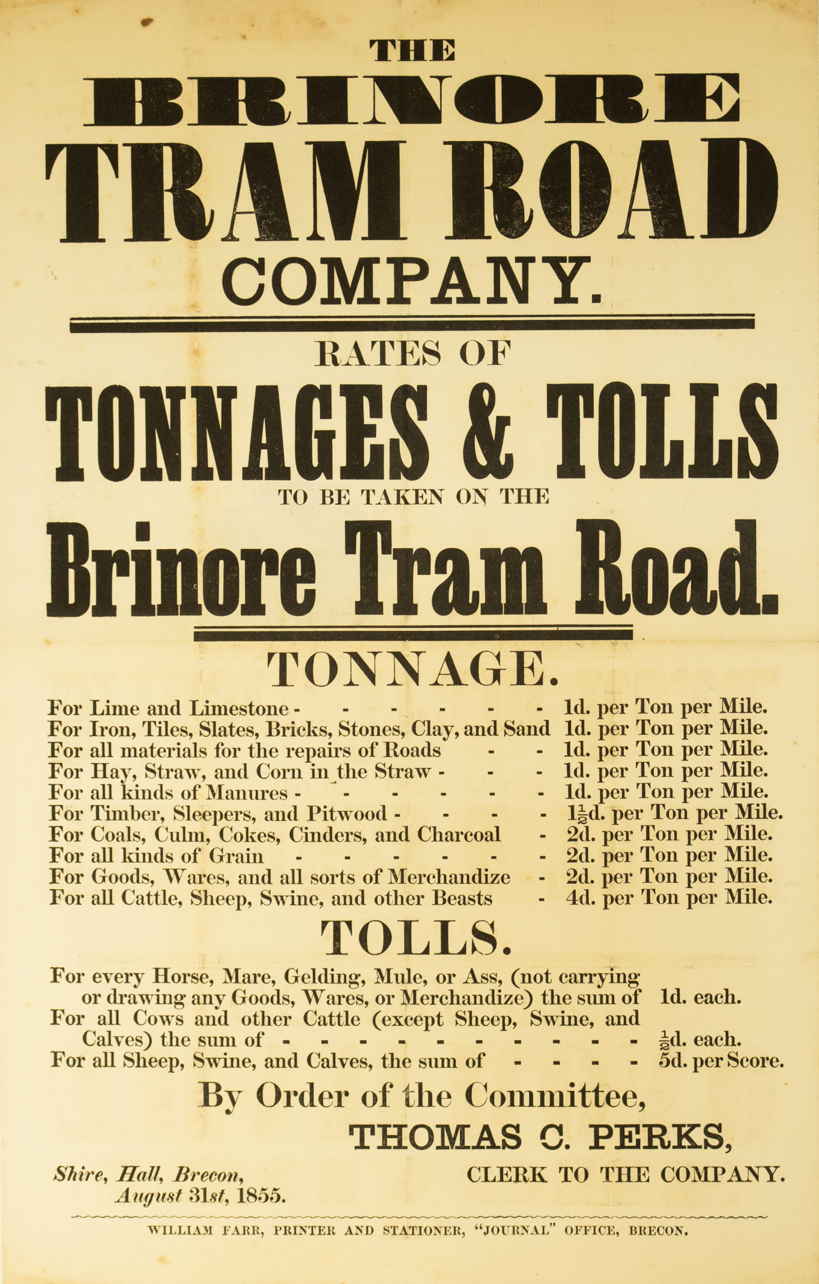 Brinore Tram Road Charges 1855