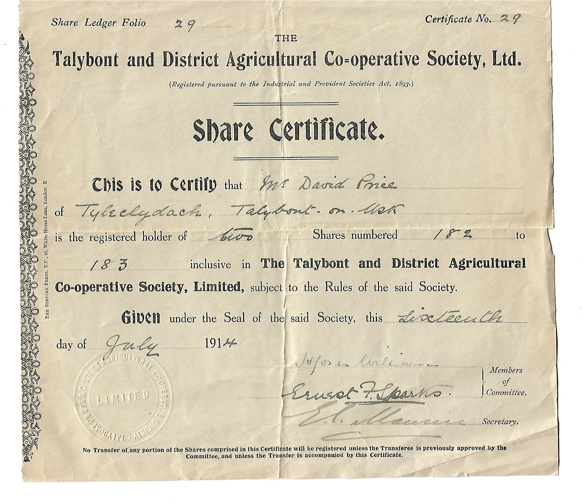 Talybont Mart share certificate 1914