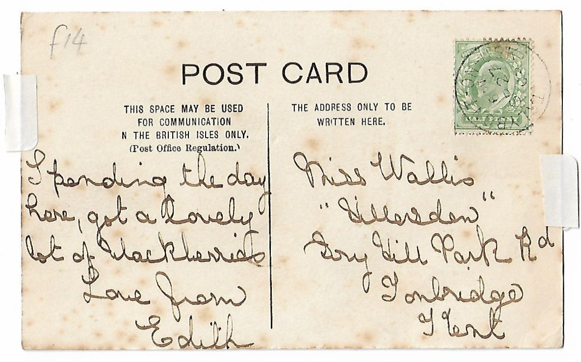 Reverse of canal postcard with Talybont post office franking